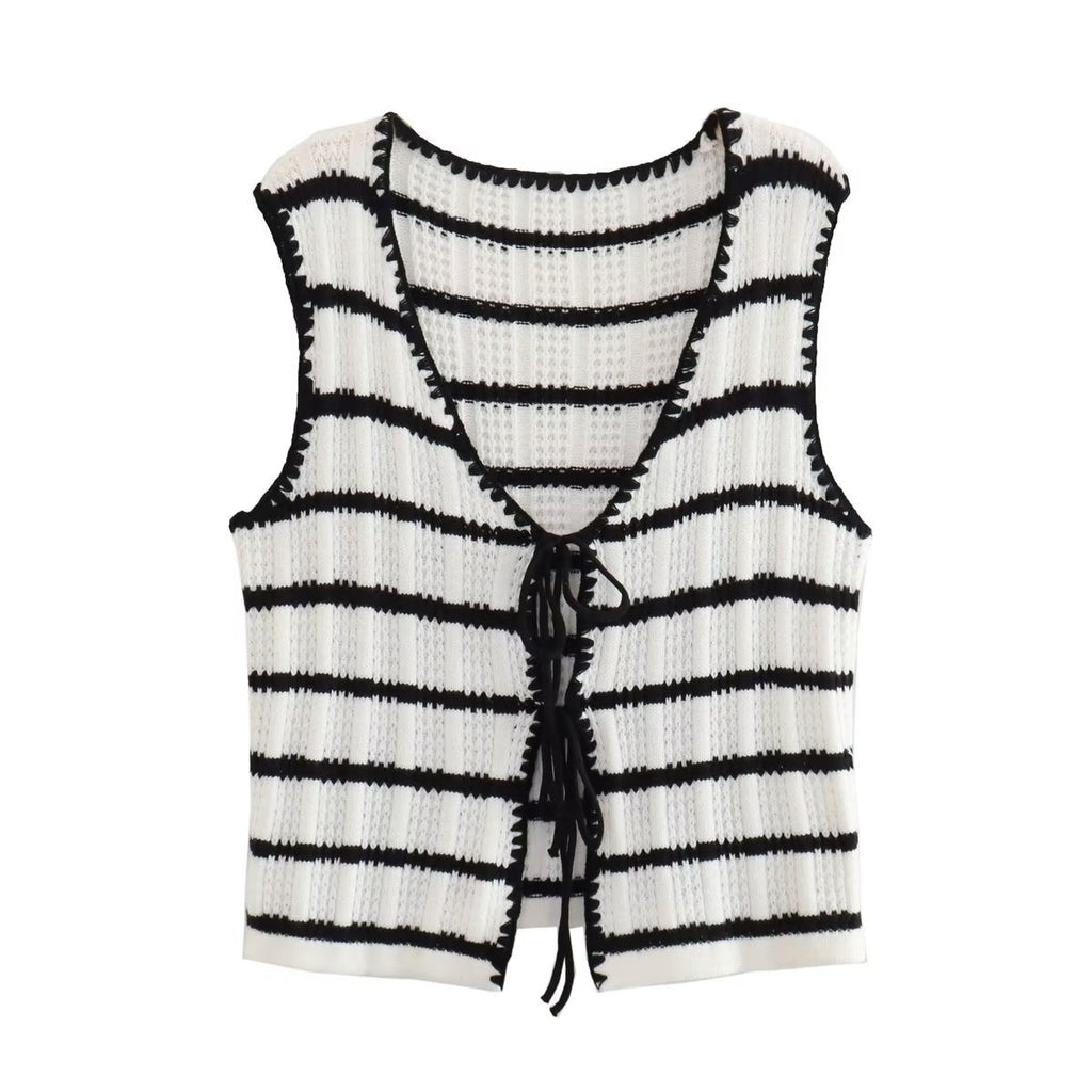 2 Piece Set Black And White Striped V-Neck Lace-Up Tops+Knitted High Waist Wide Leg Pants