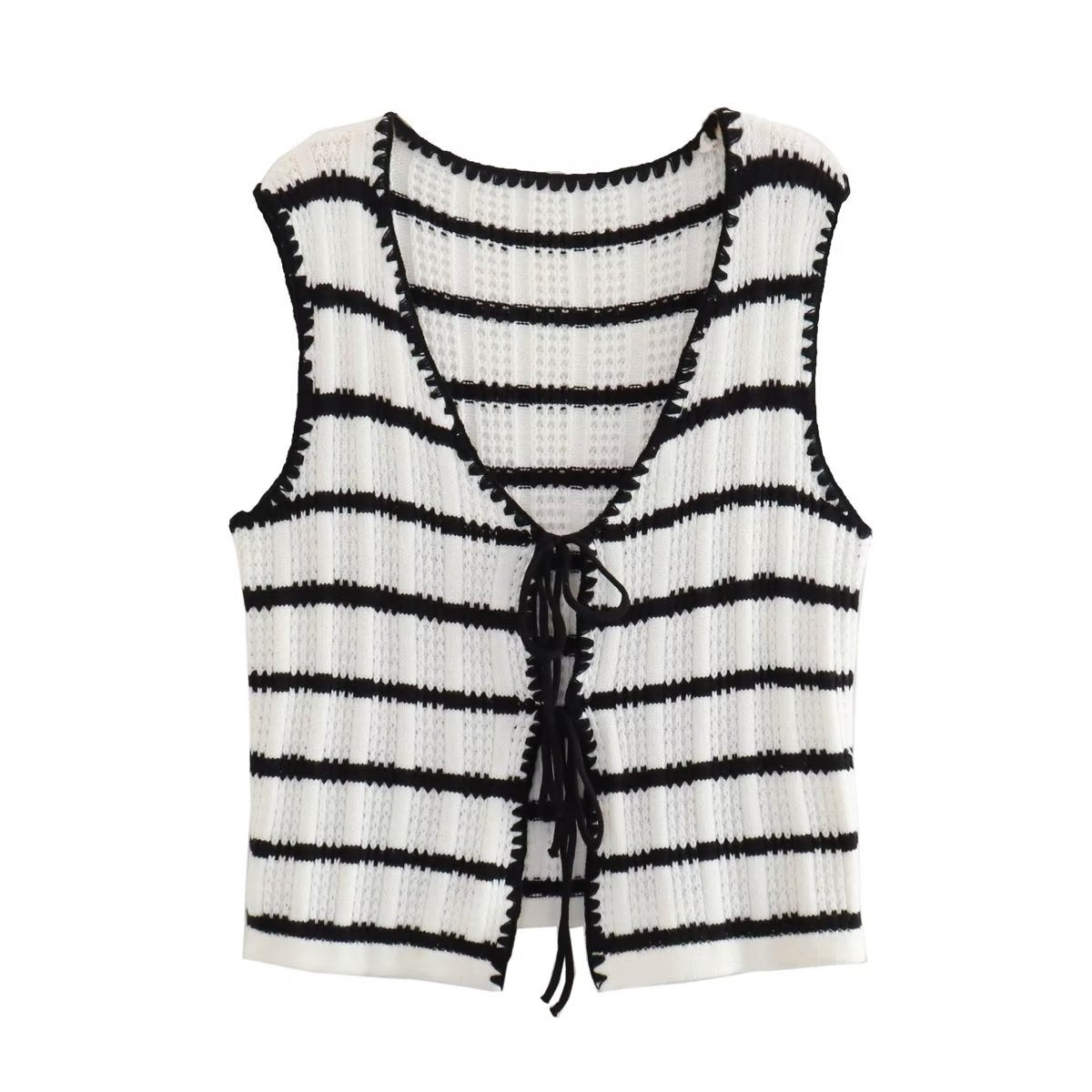 2 Piece Set Black And White Striped V-Neck Lace-Up Tops+Knitted High Waist Wide Leg Pants