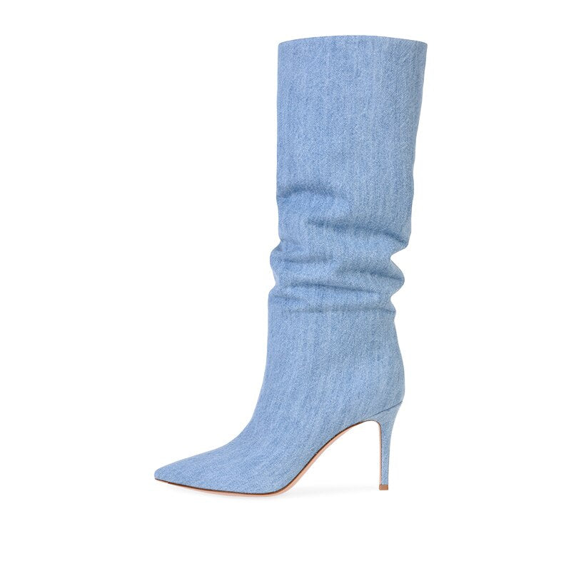 Pointed Toe High Heel Denim Slouchy Boots