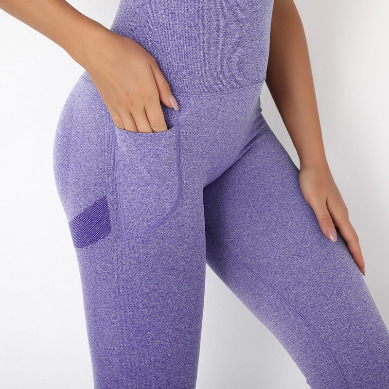 One Piece Rompers Yoga Set Seamless Pocket Leggings Sleeveless