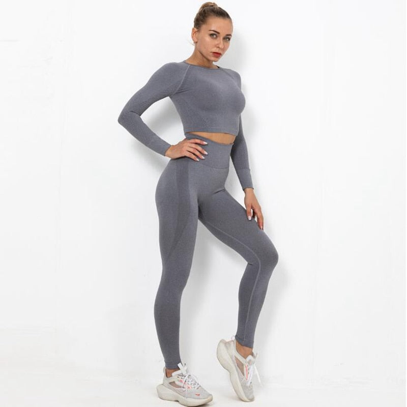 Seamless Yoga Set squat proof High Waist Gym Leggings + Long Sleeve top