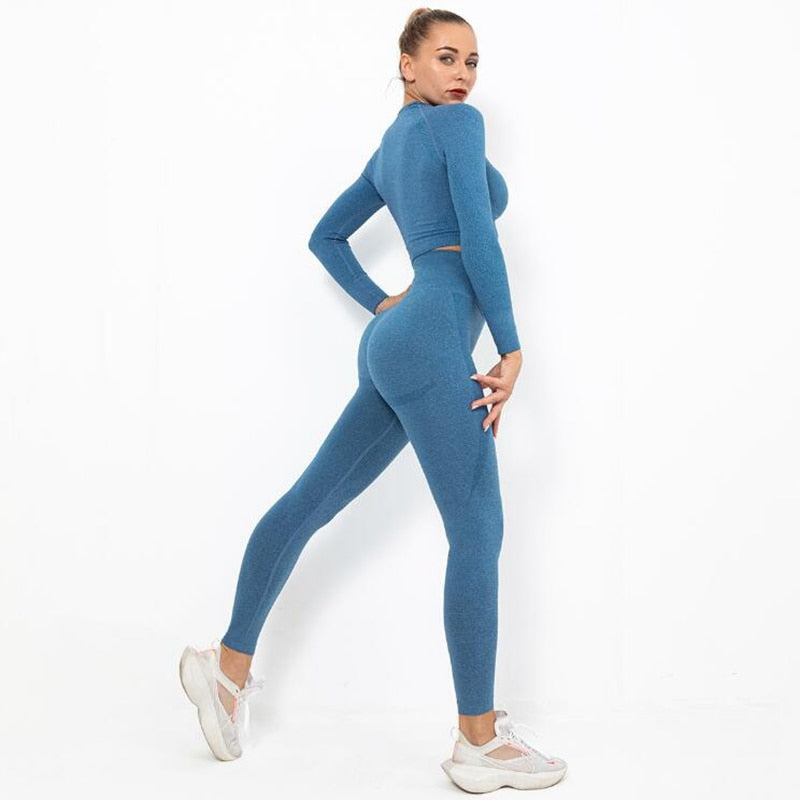 Seamless Yoga Set squat proof High Waist Gym Leggings + Long Sleeve top