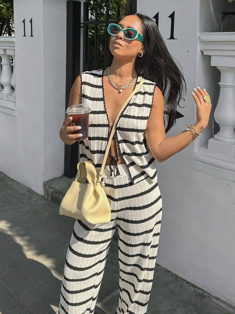 2 Piece Set Black And White Striped V-Neck Lace-Up Tops+Knitted High Waist Wide Leg Pants