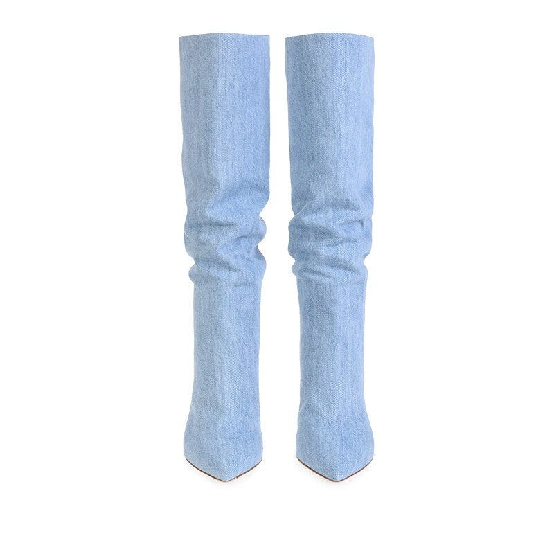 Pointed Toe High Heel Denim Slouchy Boots