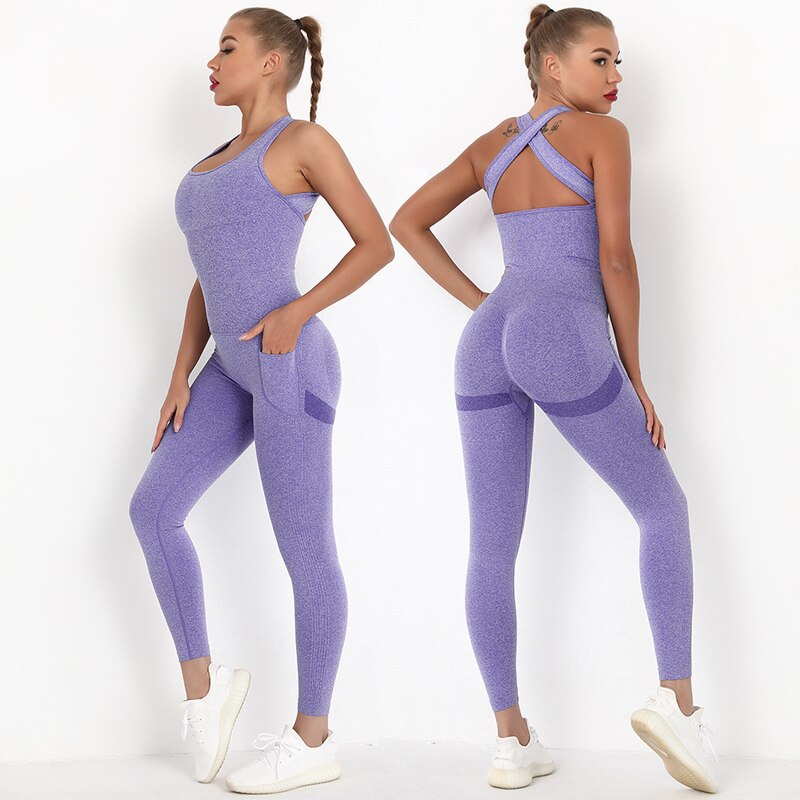 One Piece Rompers Yoga Set Seamless Pocket Leggings Sleeveless