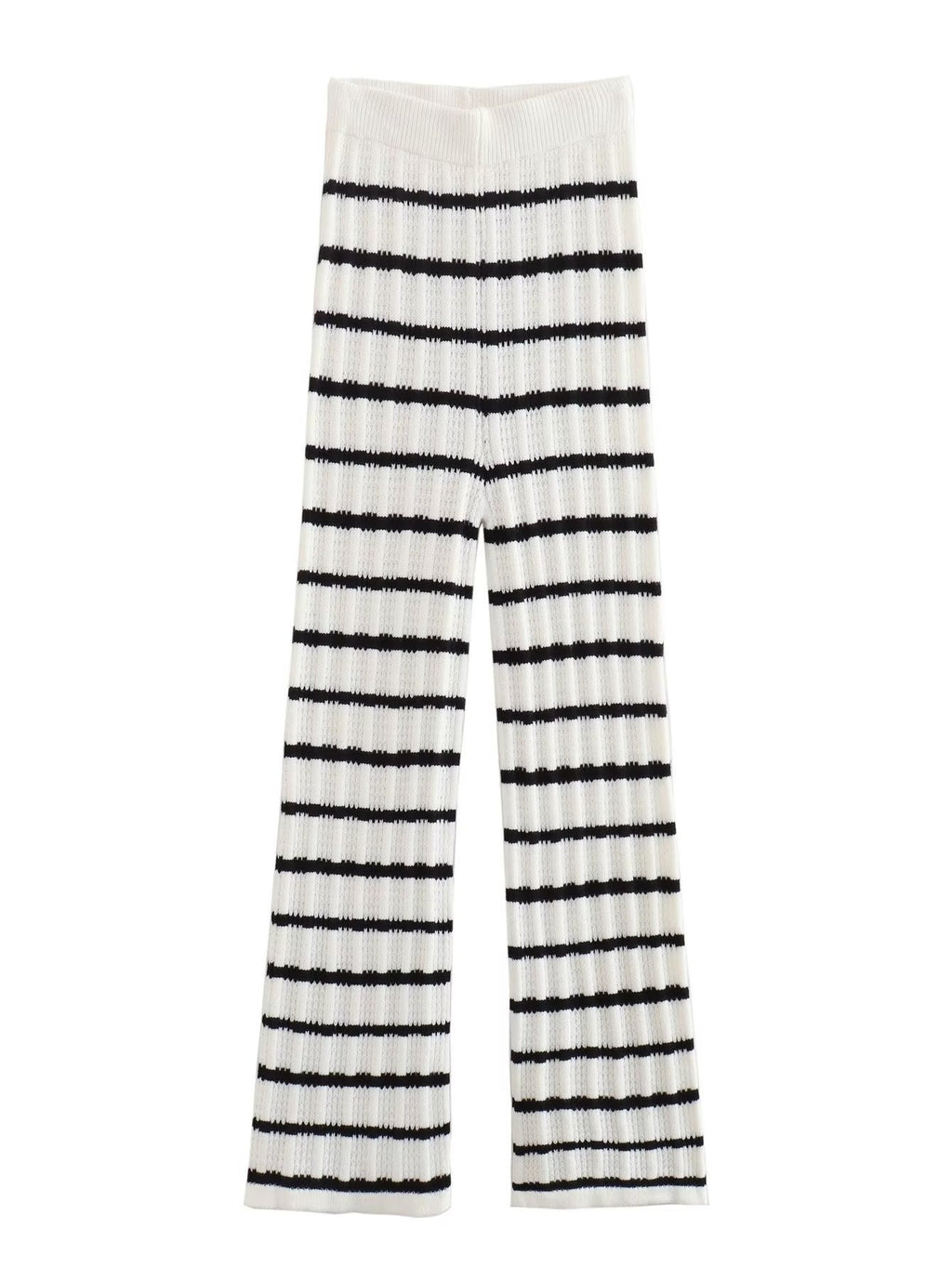 2 Piece Set Black And White Striped V-Neck Lace-Up Tops+Knitted High Waist Wide Leg Pants
