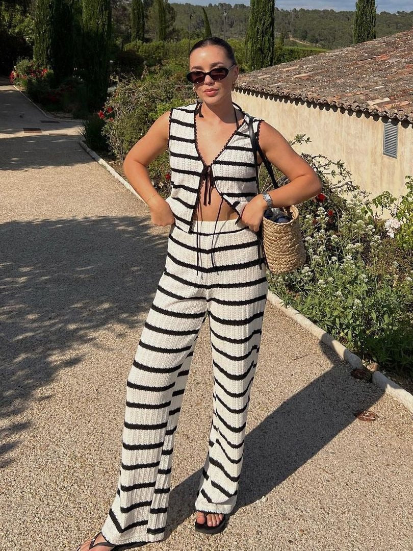 2 Piece Set Black And White Striped V-Neck Lace-Up Tops+Knitted High Waist Wide Leg Pants