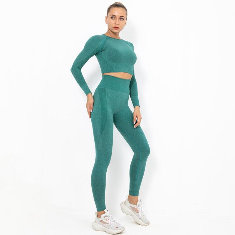 Seamless Yoga Set squat proof High Waist Gym Leggings + Long Sleeve top