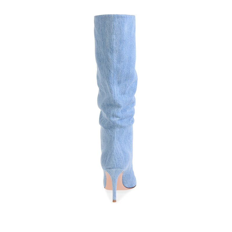 Pointed Toe High Heel Denim Slouchy Boots