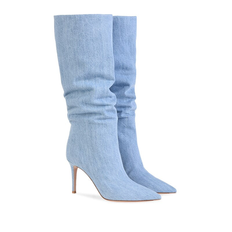 Pointed Toe High Heel Denim Slouchy Boots