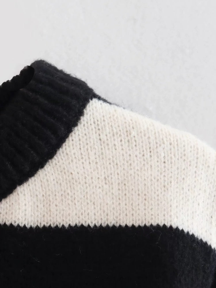 Black White Striped Knitted Sweater