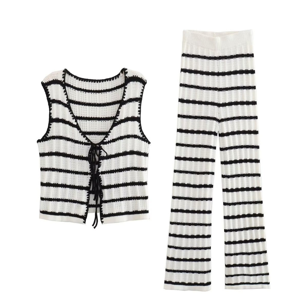 2 Piece Set Black And White Striped V-Neck Lace-Up Tops+Knitted High Waist Wide Leg Pants