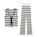 2 Piece Set Black And White Striped V-Neck Lace-Up Tops+Knitted High Waist Wide Leg Pants