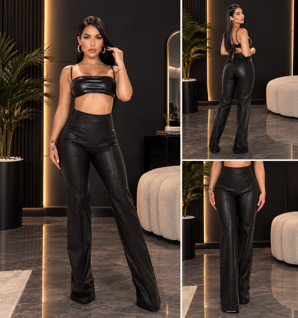 High Wais Faux Leather Zipper Pants