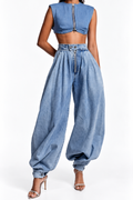 High waisted zipper leg tied jeans