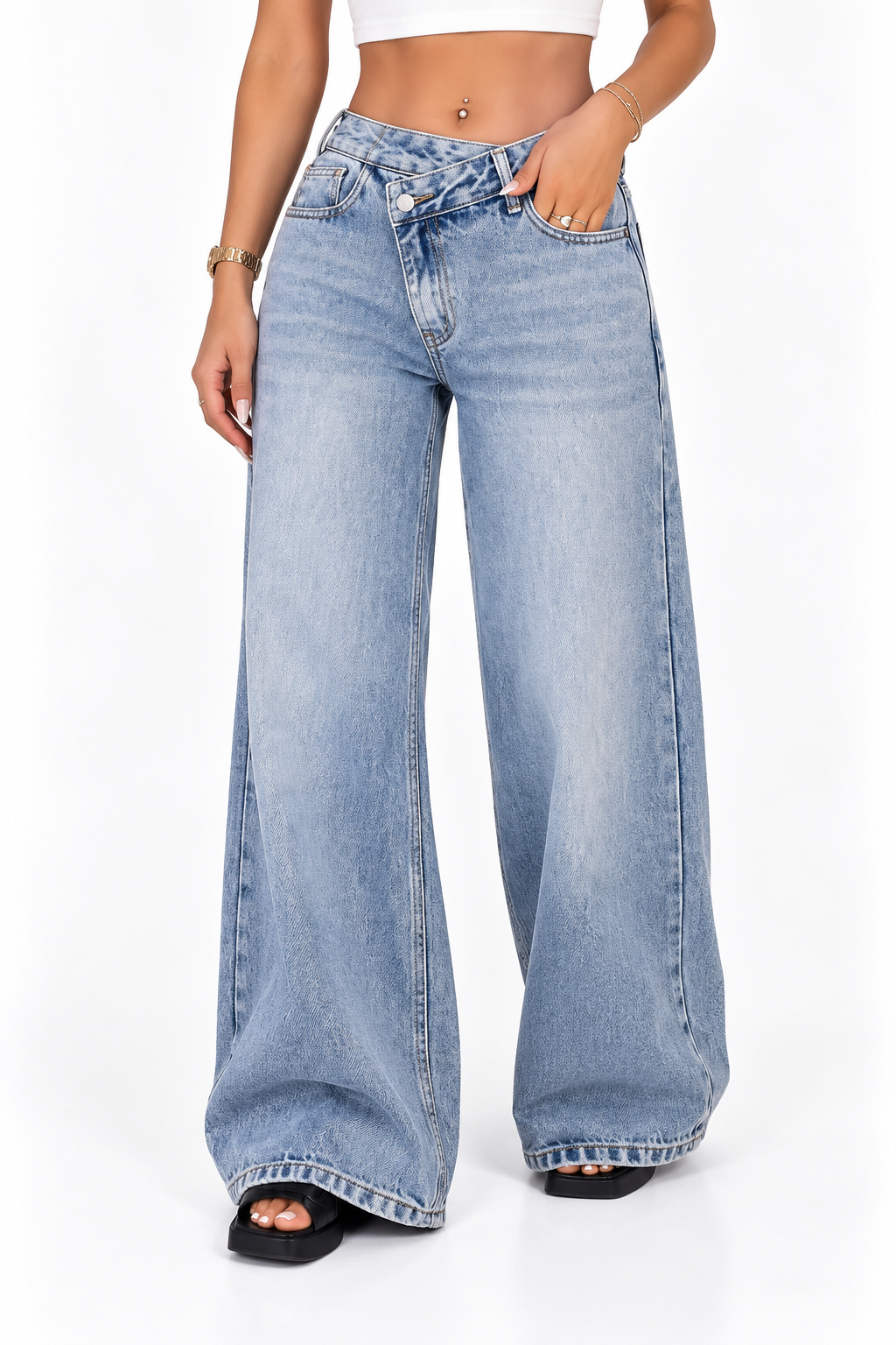 Retro Washed Distressed Asymmetrical Jeans
