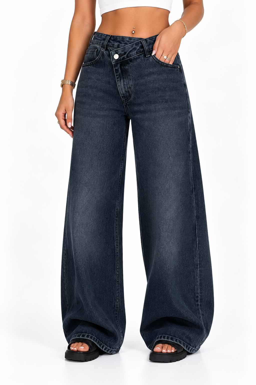 Retro Washed Distressed Asymmetrical Jeans