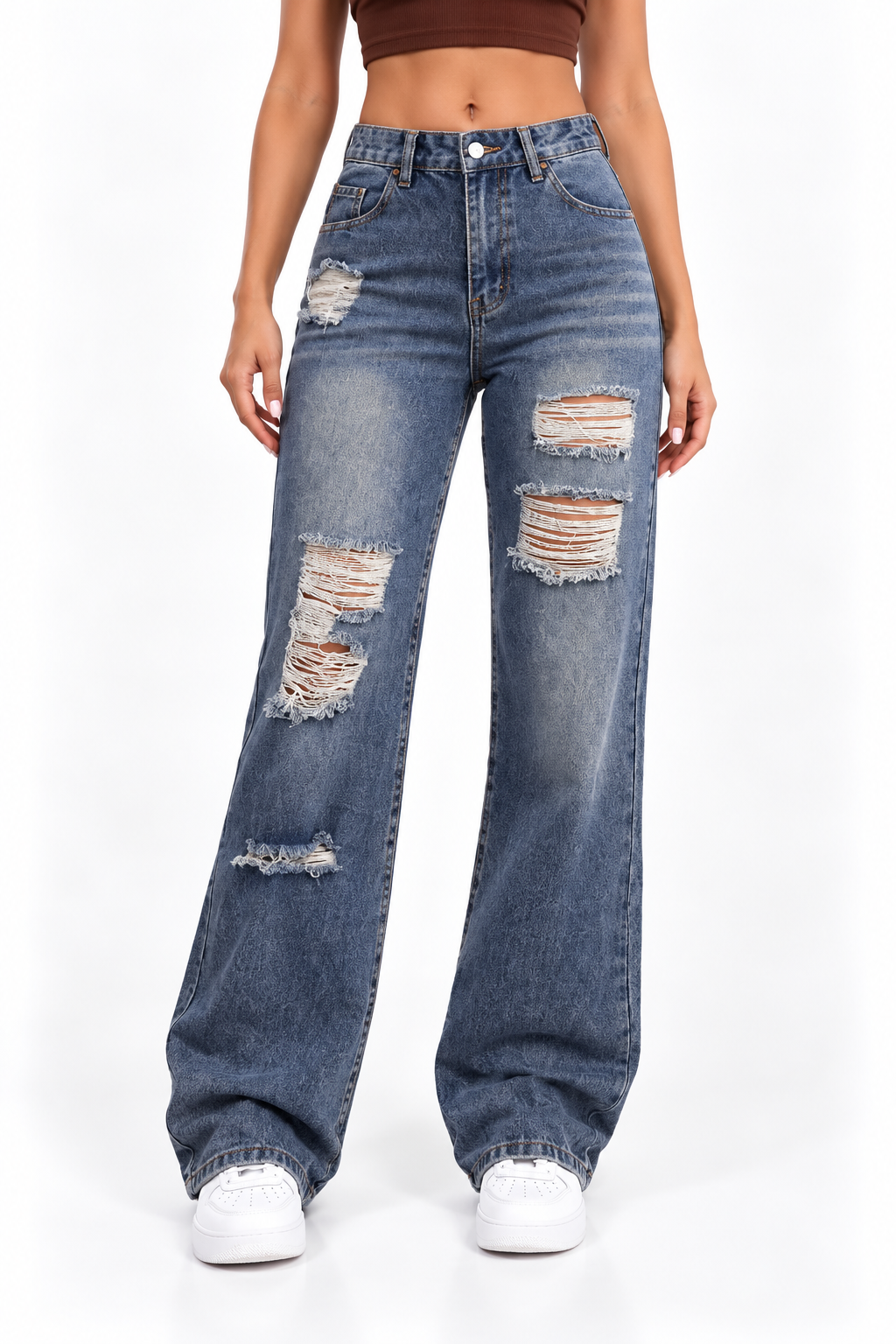High-waisted Straight-leg Ripped Jeans