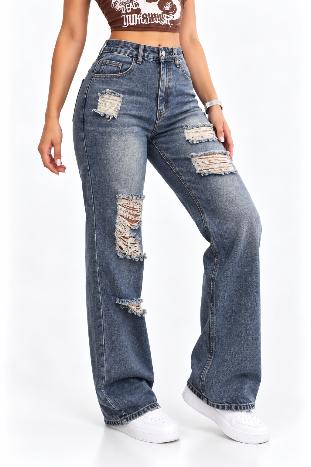 High-waisted Straight-leg Ripped Jeans