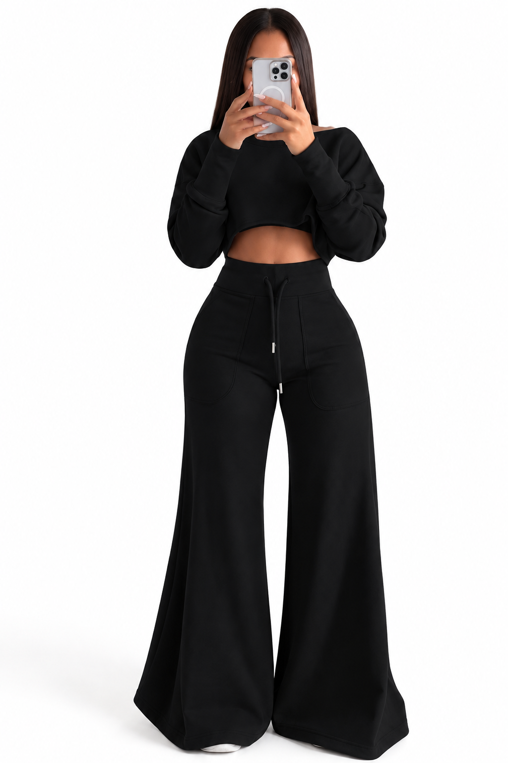 Hoodie High Waist Long Sleeve + Wide Leg Pants 2 Piece Sets