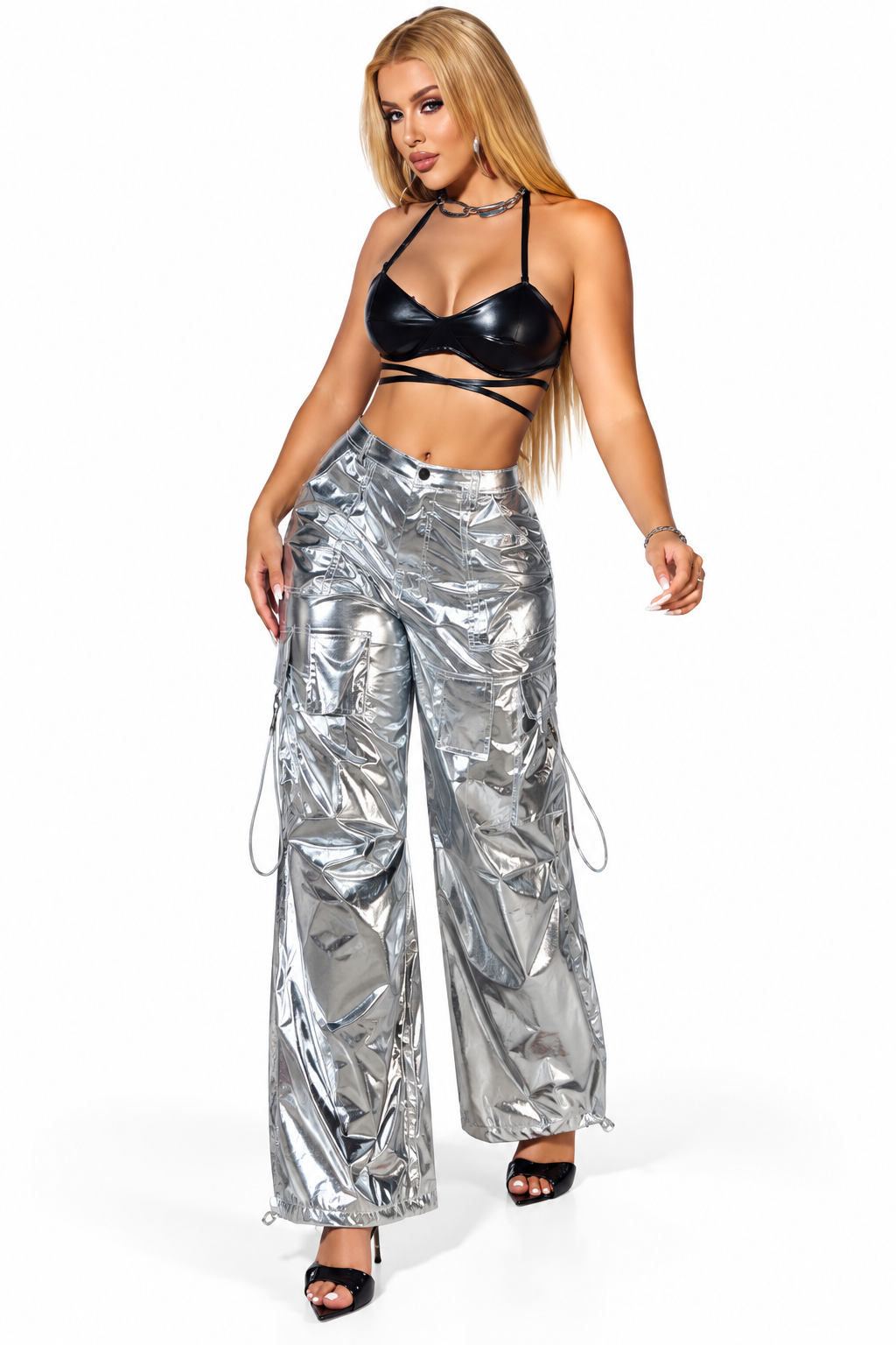 Silver Multi-pocket Wide-leg Pants