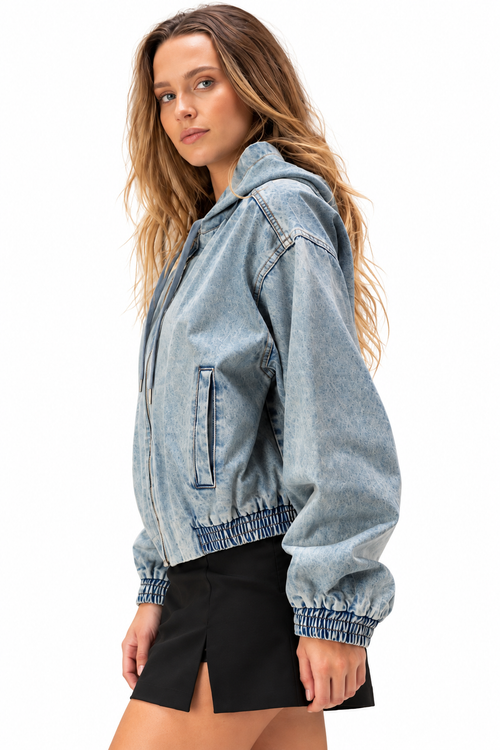 Acid-Wash Hooded Denim Bomber Jacket