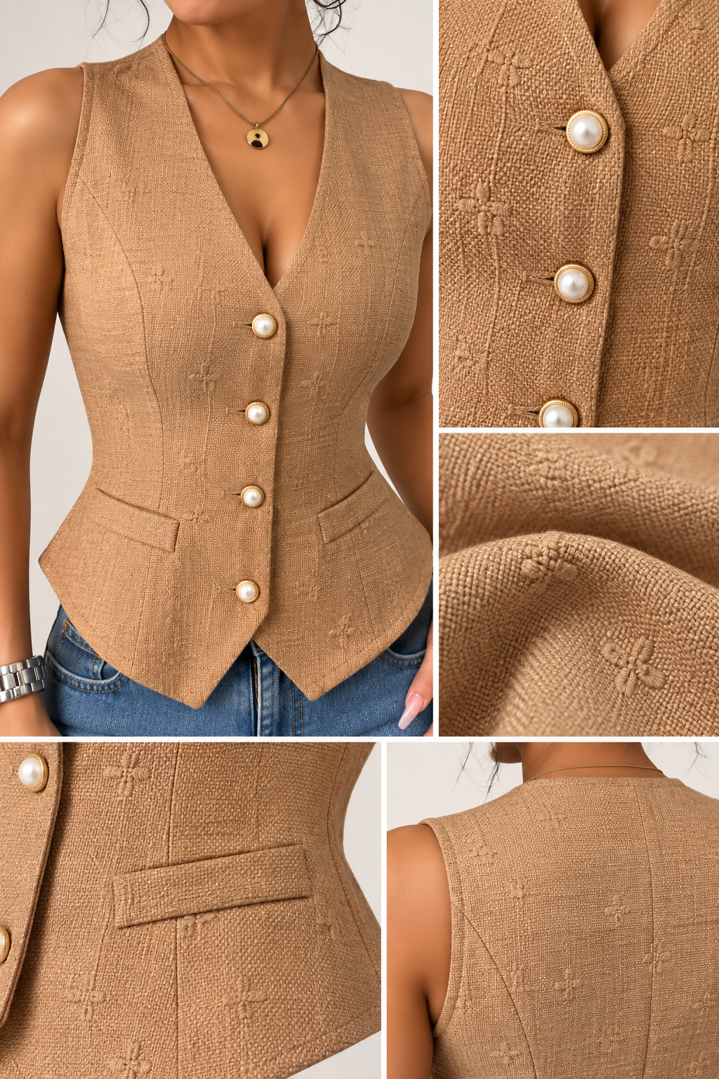 A chic V-neck vest with stylish button details and an easy-to-wear silhouette. Perfect for pairing with jeans, skirts, or trousers. Add it to your collection today!