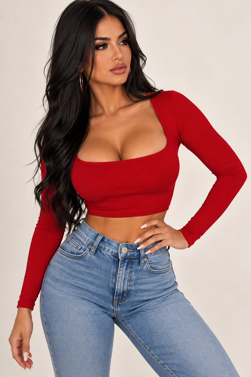 A chic everyday essential featuring a flattering square neckline and sleek long sleeves. Easy to style with jeans, trousers, skirts, or layered under a jacket for a polished look.