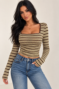 Add a chic touch to your wardrobe with this fitted striped knit top, featuring a flattering square neckline and comfortable long sleeves. Pair it with jeans for a casual everyday look or dress it up with trousers, a skirt, and heels for a night out.