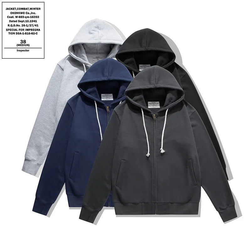 500GSM Heavyweight French Terry Hoodie - Unisex Zip-Up Pullover with Solid Color & Basic Fit Sweatshirts