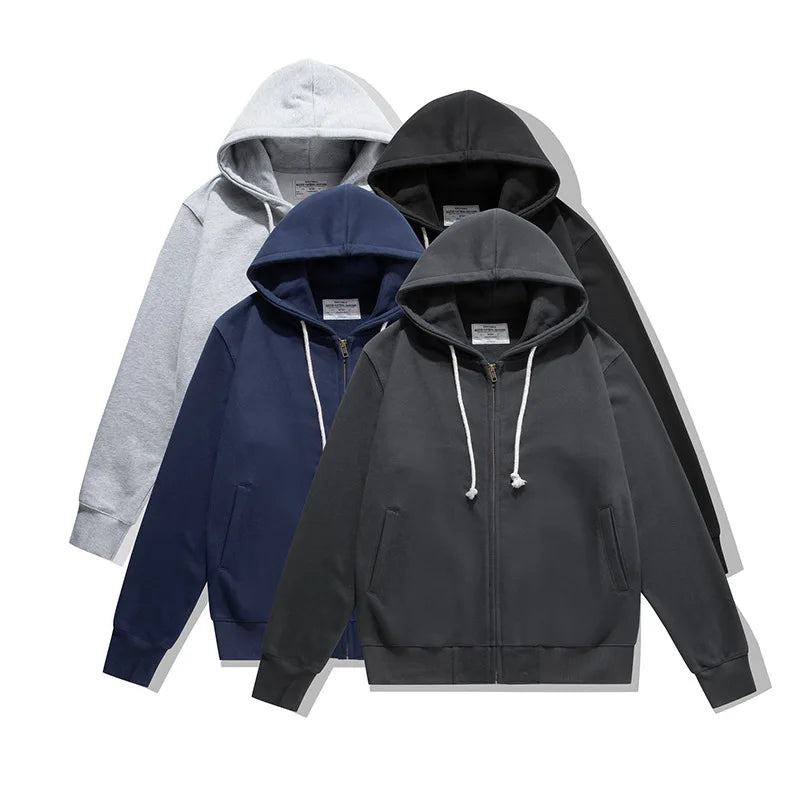 500GSM Heavyweight French Terry Hoodie - Unisex Zip-Up Pullover with Solid Color & Basic Fit Sweatshirts
